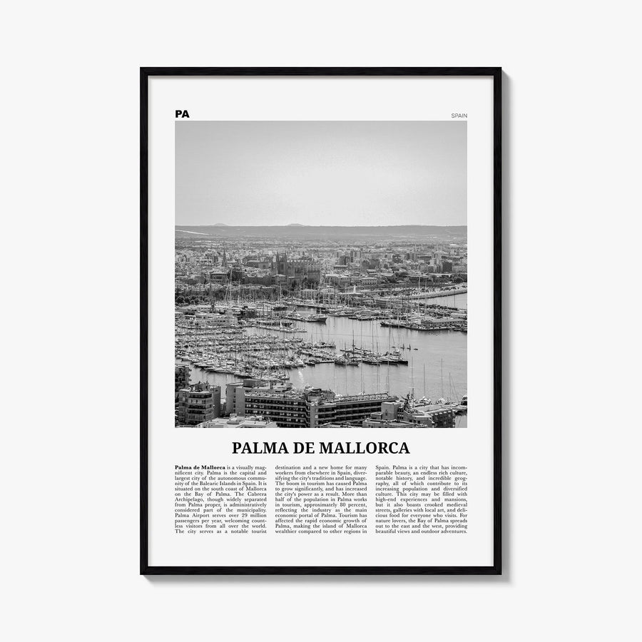 Palma de Mallorca no. 1 black & white newspaper poster of Spain – vertical wall art, unframed print shown in interior mockup