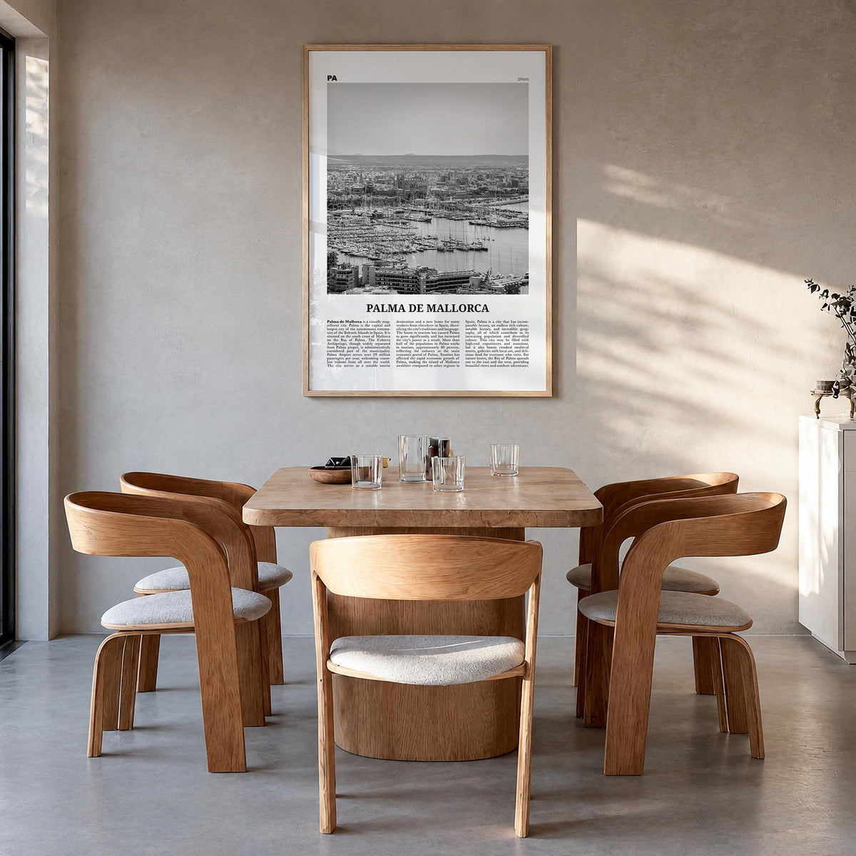 Palma de Mallorca no. 1 black & white newspaper poster of Spain – vertical wall art in natural wood frame, hanging on wall