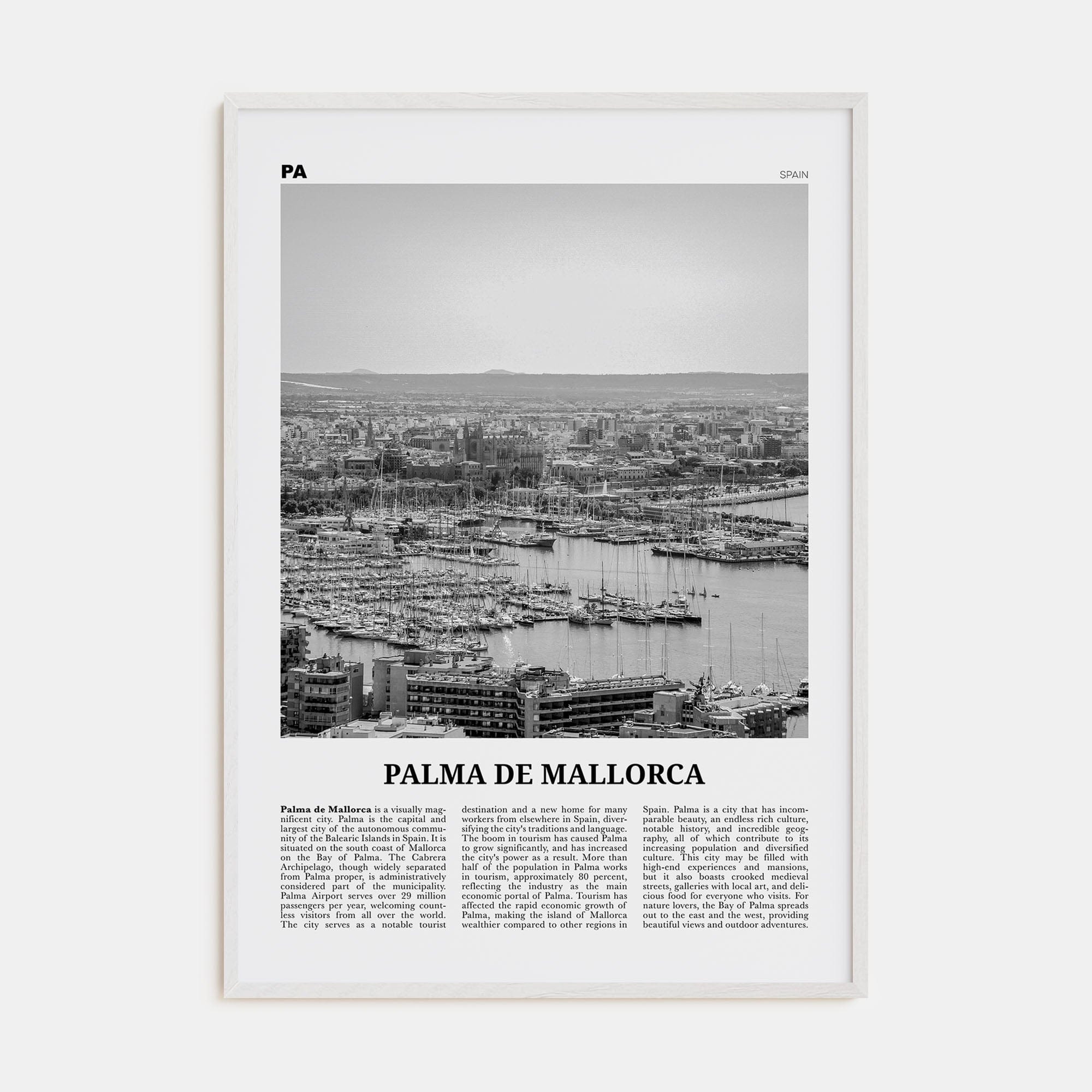 Palma de Mallorca No 1 Poster White Wood / 8x12 in Nbourhood Travel B&W Poster