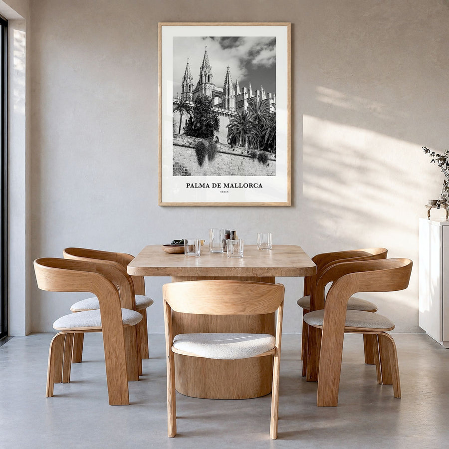 Palma de Mallorca Classic No 1 Poster in a natural wood frame, hanging in a dining room