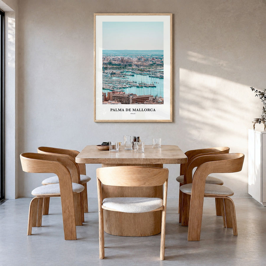 Palma de Mallorca Classic Poster in a natural wood frame, hanging in a dining room
