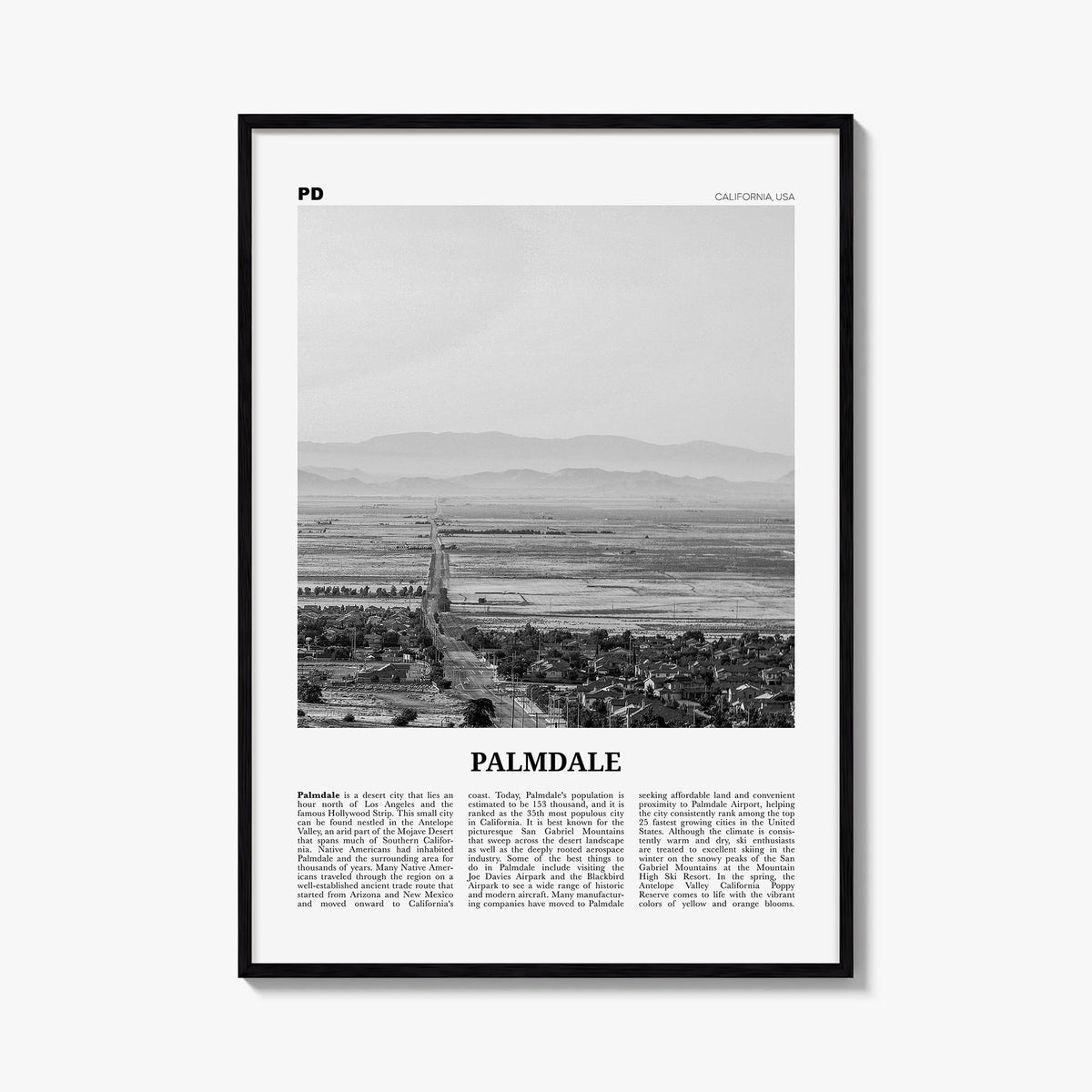 Palmdale black & white newspaper poster of California, USA – vertical wall art, unframed print shown in interior mockup