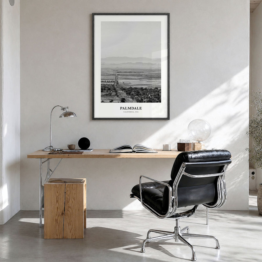 Palmdale Classic Poster in a black wood frame, hanging in a bright home office