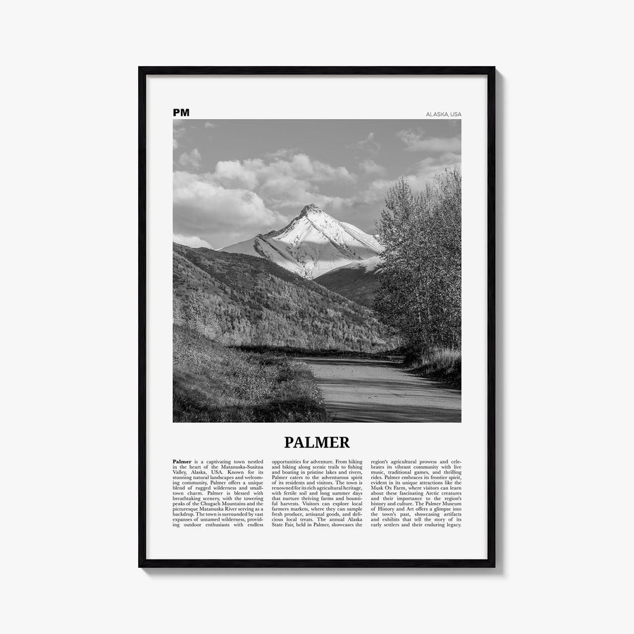 Palmer black & white newspaper poster of Massachusetts, USA – vertical wall art, unframed print shown in interior mockup