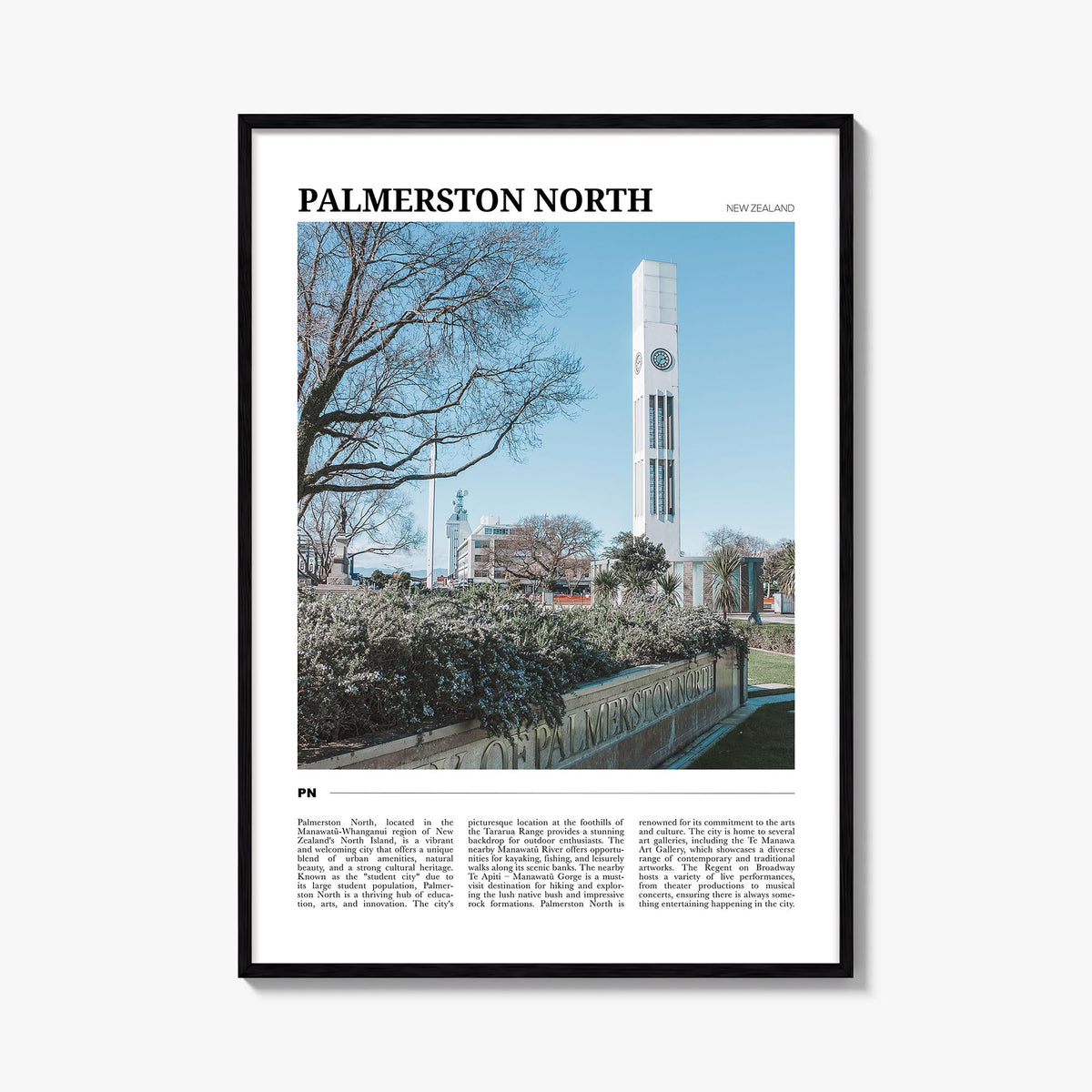 Palmerston North colorful travel poster of New Zealand – vertical wall art, unframed print shown in interior mockup