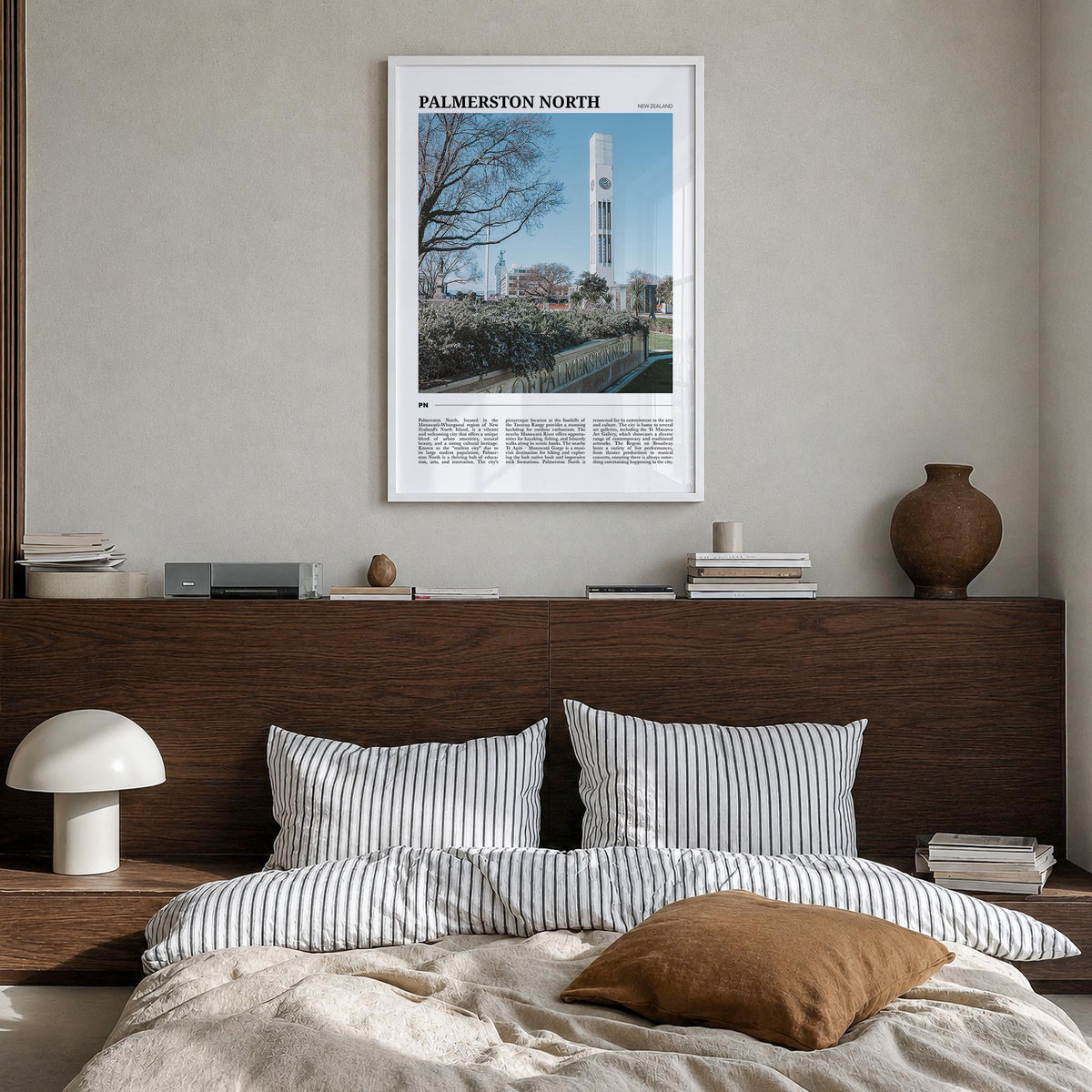 Palmerston North colorful travel poster of New Zealand – vertical wall art in white wood frame, hanging on wall