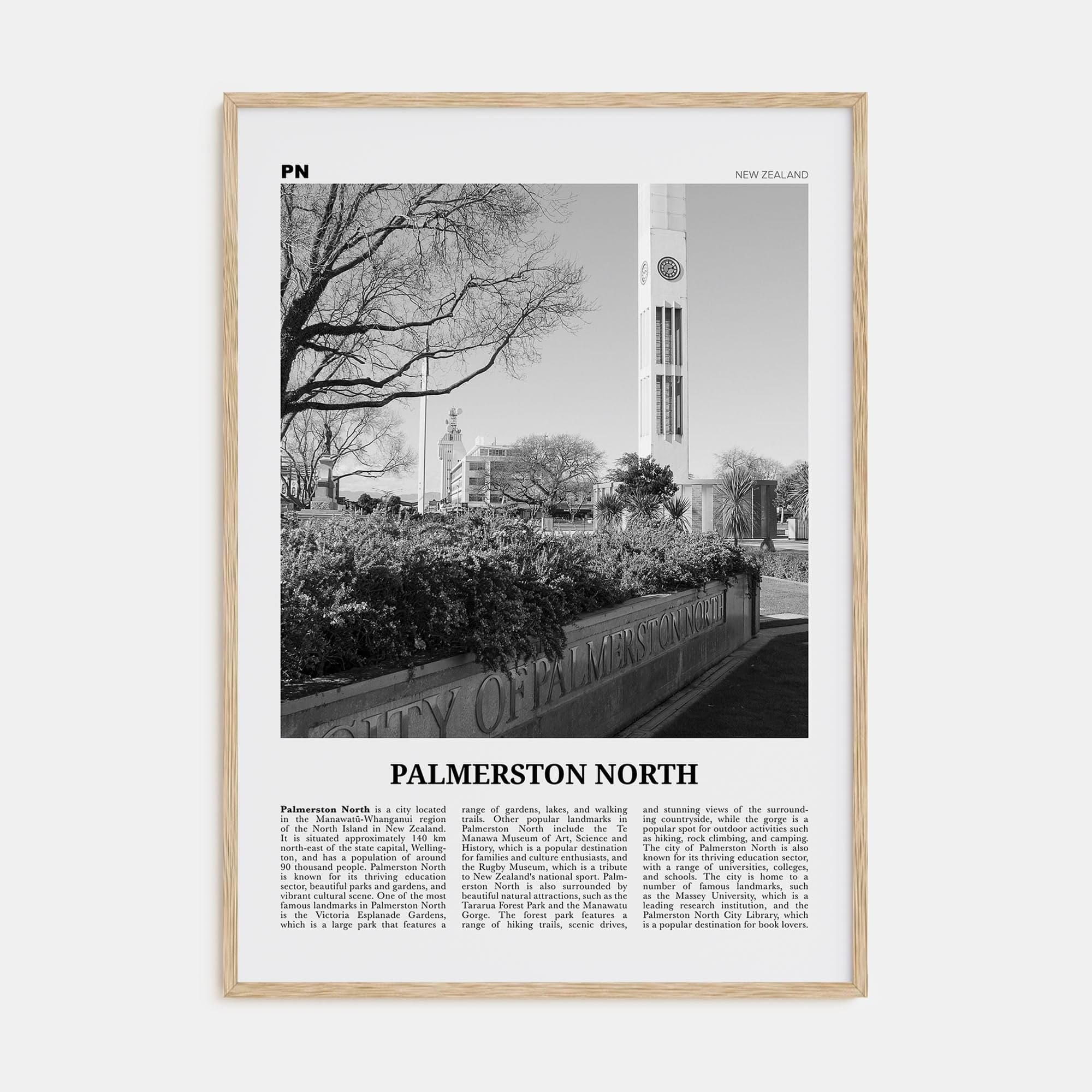 Palmerston North Poster Natural Wood / 8x12 in Nbourhood Travel B&W Poster