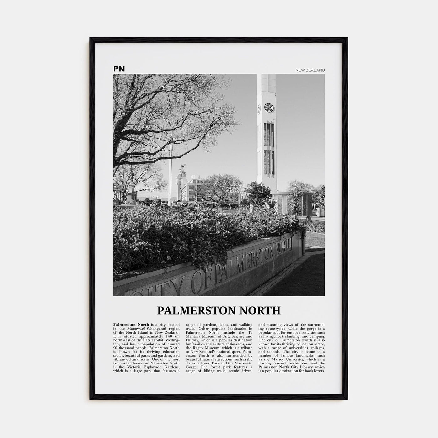 Palmerston North Poster Black Wood / 8x12 in Nbourhood Travel B&W Poster