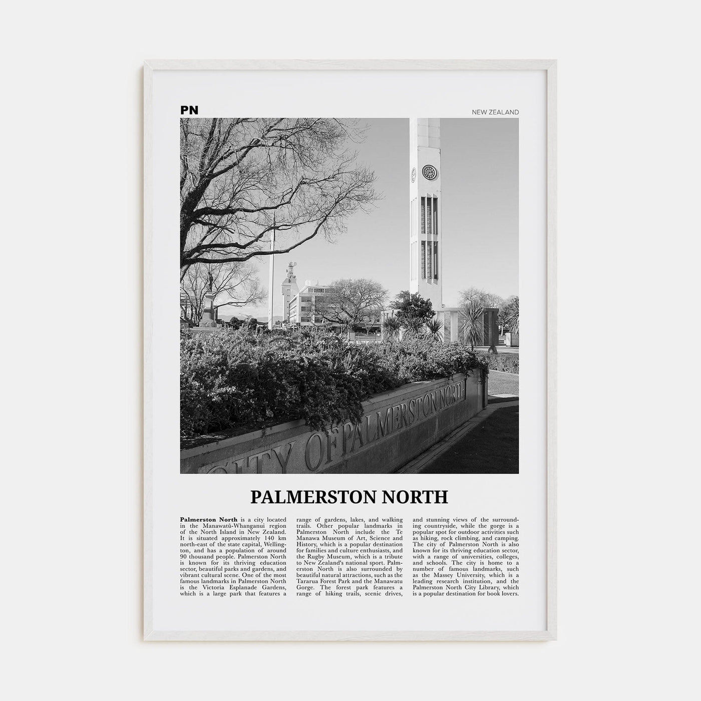 Palmerston North Poster White Wood / 8x12 in Nbourhood Travel B&W Poster