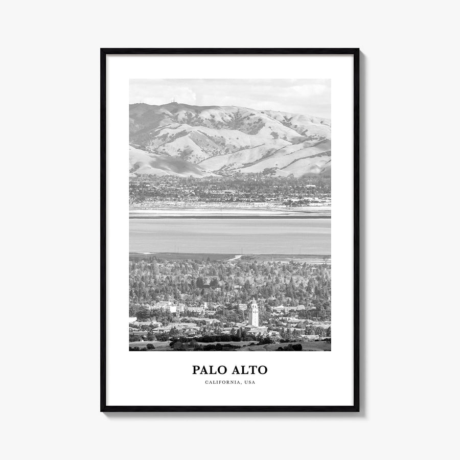 Palo Alto black & white classic poster of California, USA – vertical wall art, unframed print shown in interior mockup