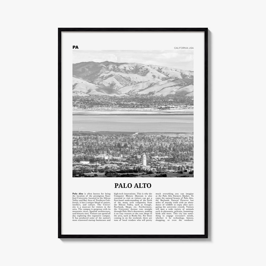 Palo Alto black & white newspaper poster of California, USA – vertical wall art, unframed print shown in interior mockup