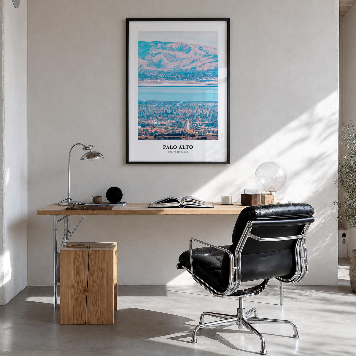 Palo Alto colorful classic poster of California, USA – vertical wall art in black wood frame, hanging on wall