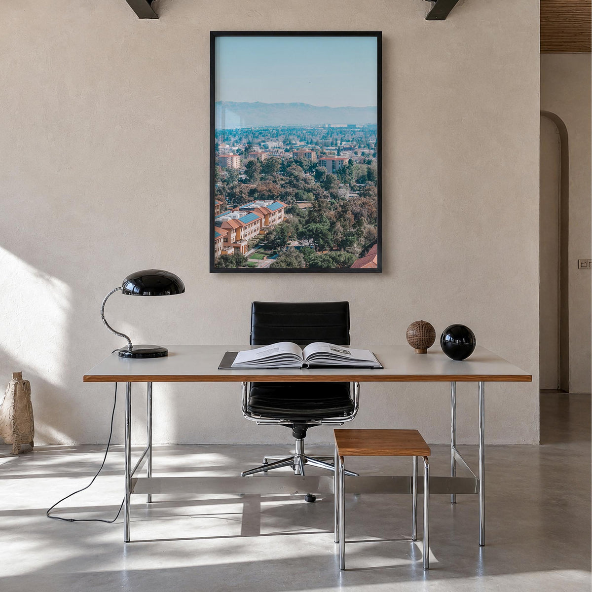 Palo Alto colorful photo poster of California, USA – vertical wall art in black wood frame, hanging on wall