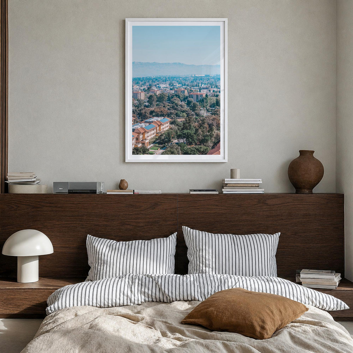 Palo Alto colorful photo poster of California, USA – vertical wall art in white wood frame with white border, hanging on wall