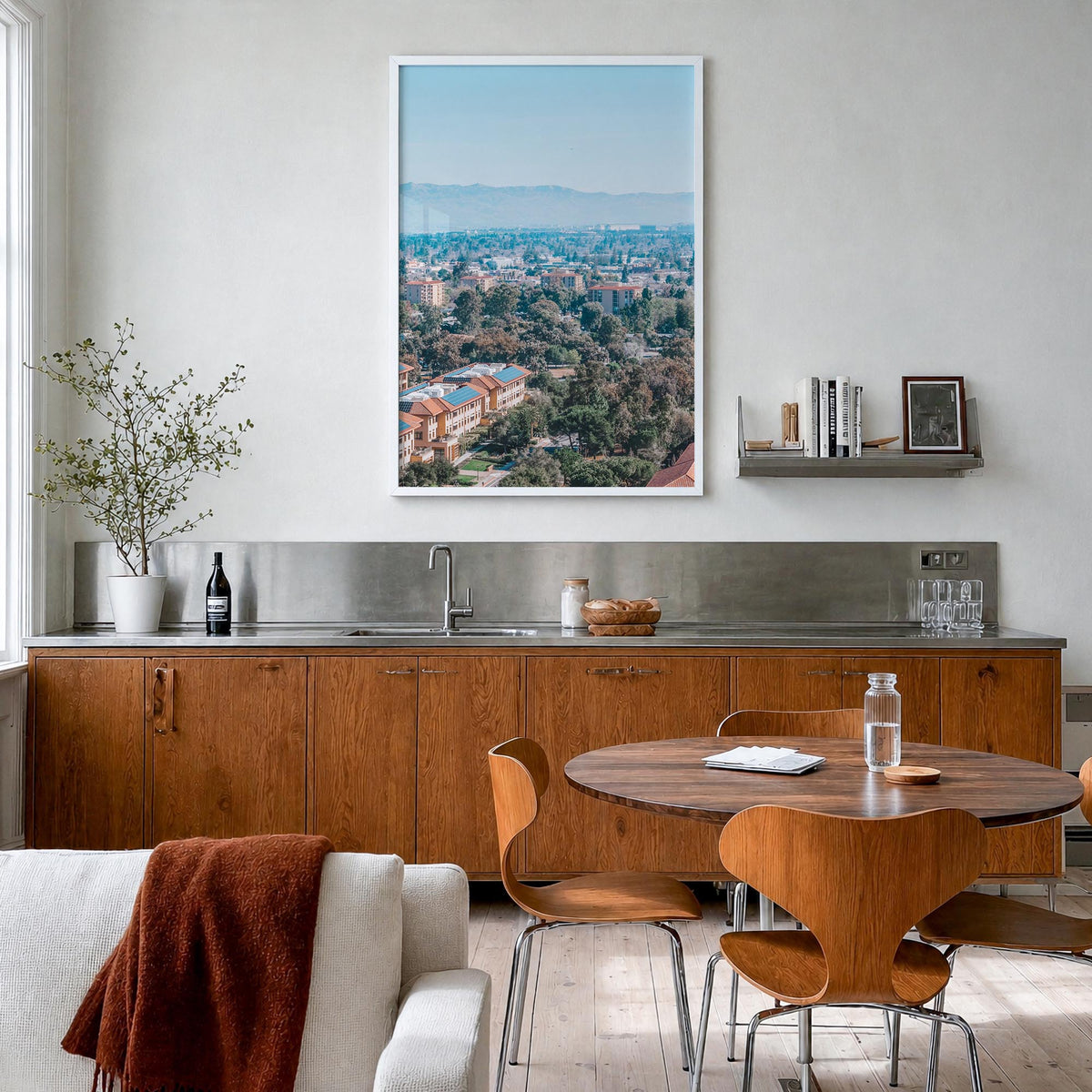 Palo Alto colorful photo poster of California, USA – vertical wall art in white wood frame, hanging on wall