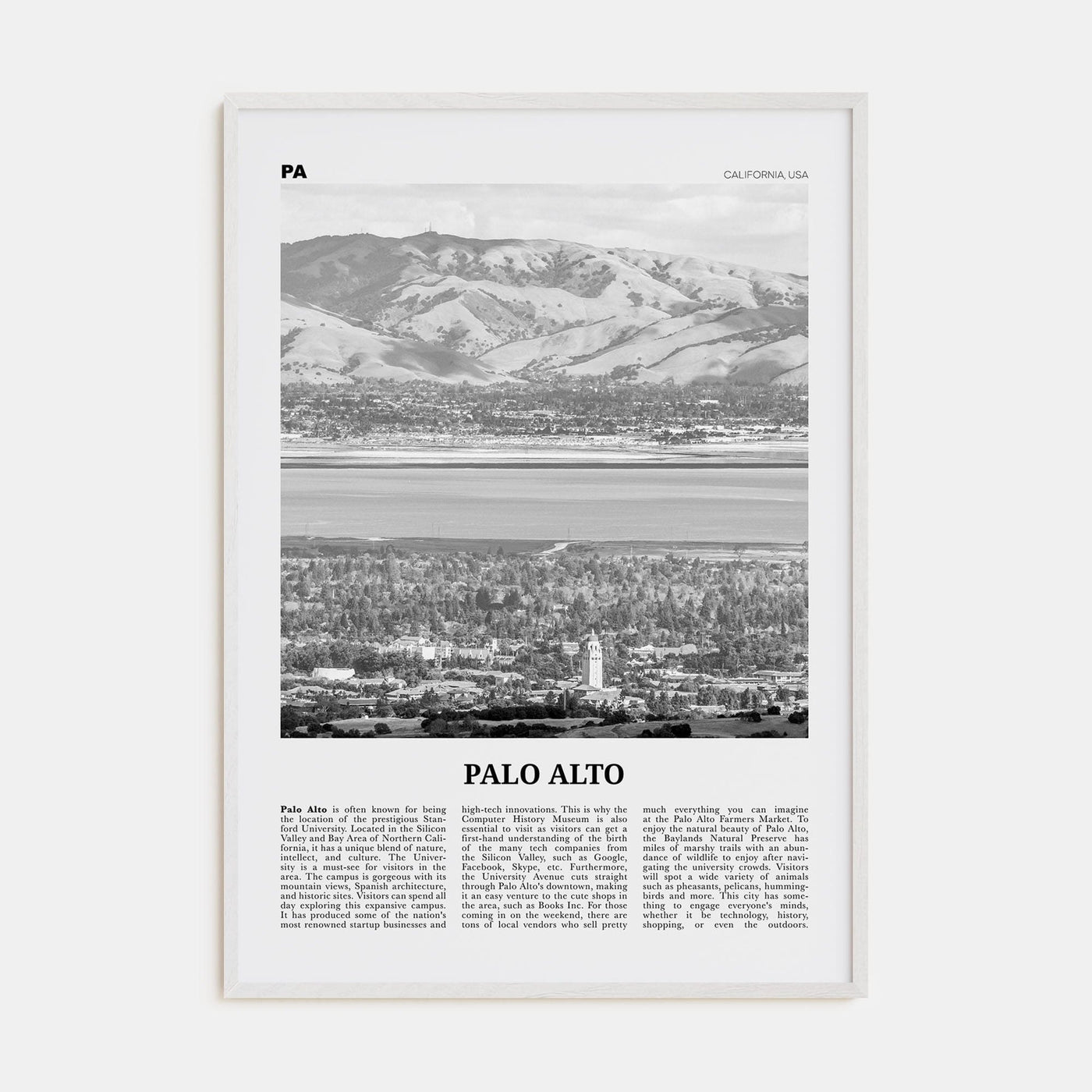 Palo Alto Poster White Wood / 8x12 in Nbourhood Travel B&W Poster