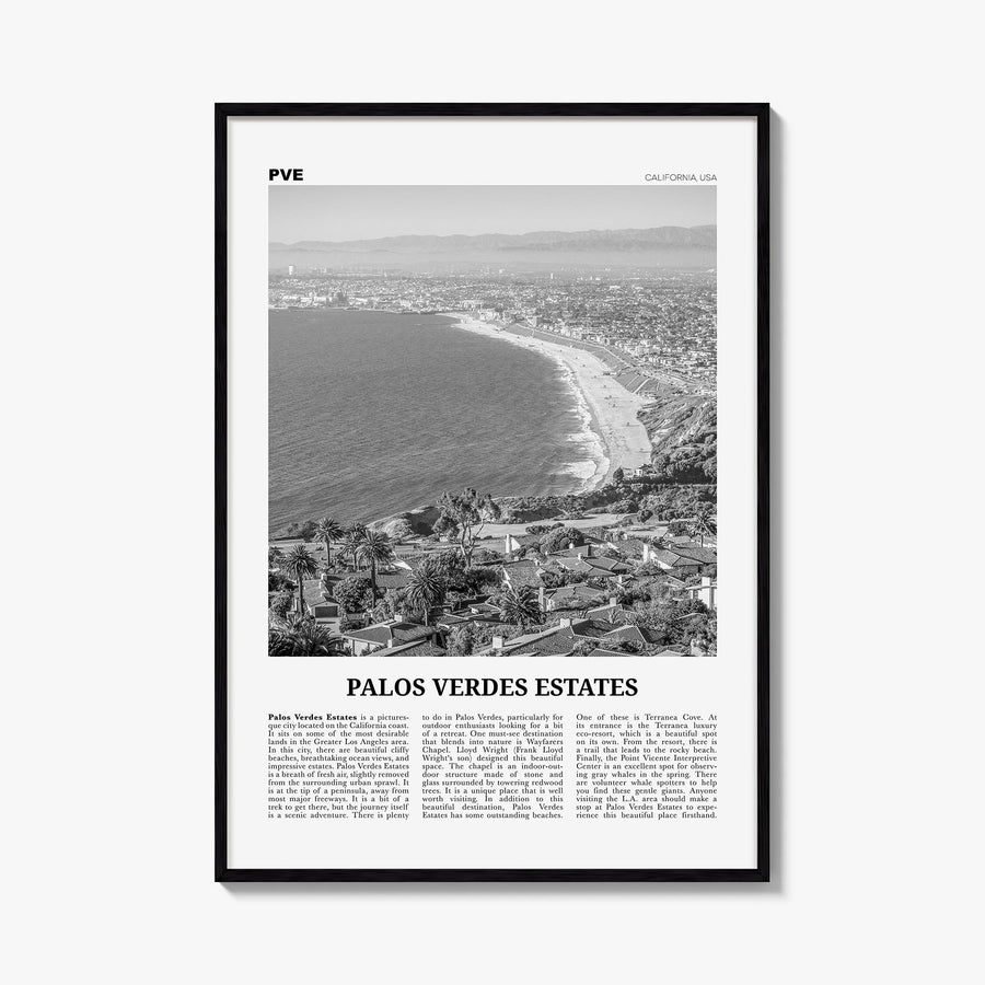Palos Verdes Estates black & white newspaper poster of California, USA – vertical wall art, unframed print shown in interior 