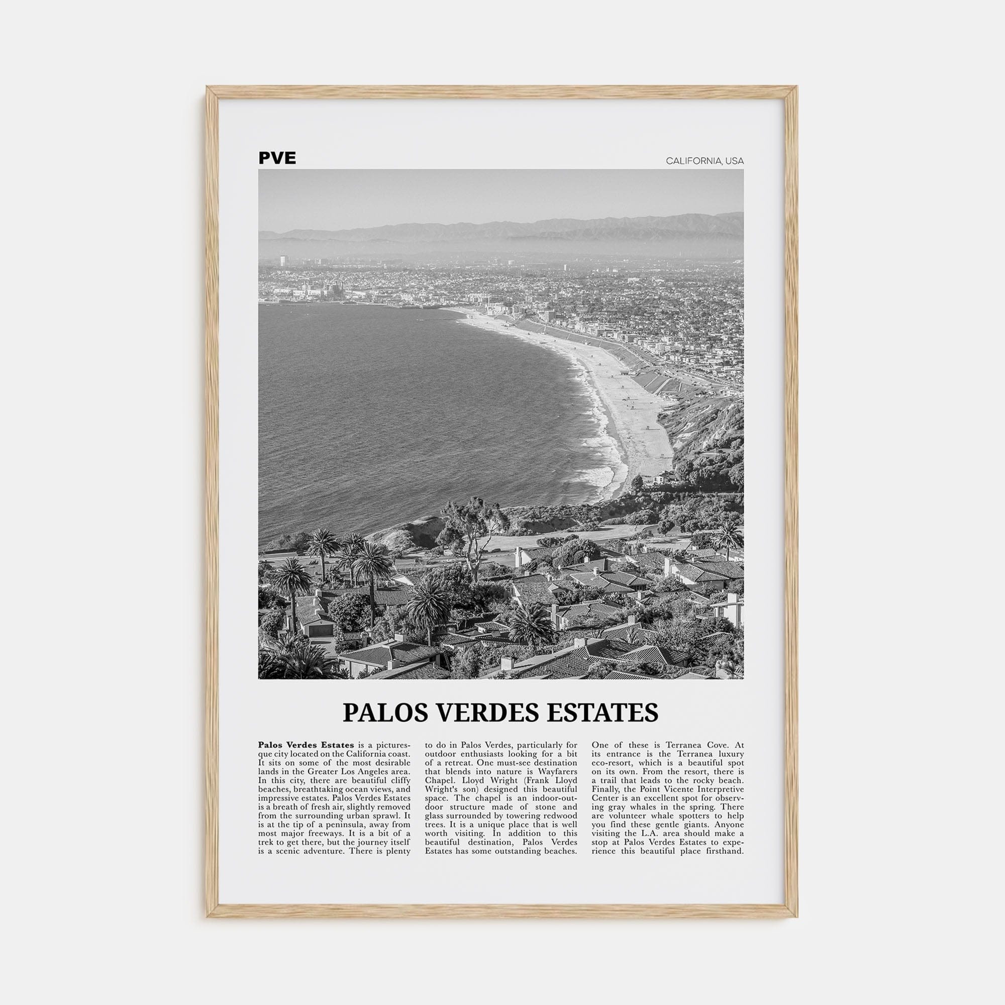 Palos Verdes Estates Poster Natural Wood / 8x12 in Nbourhood Travel B&W Poster