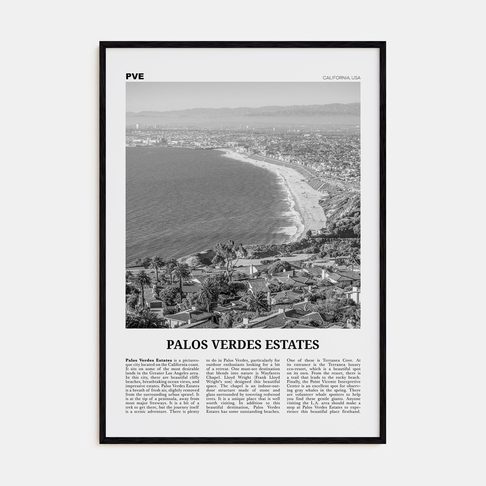 Palos Verdes Estates Poster Black Wood / 8x12 in Nbourhood Travel B&W Poster