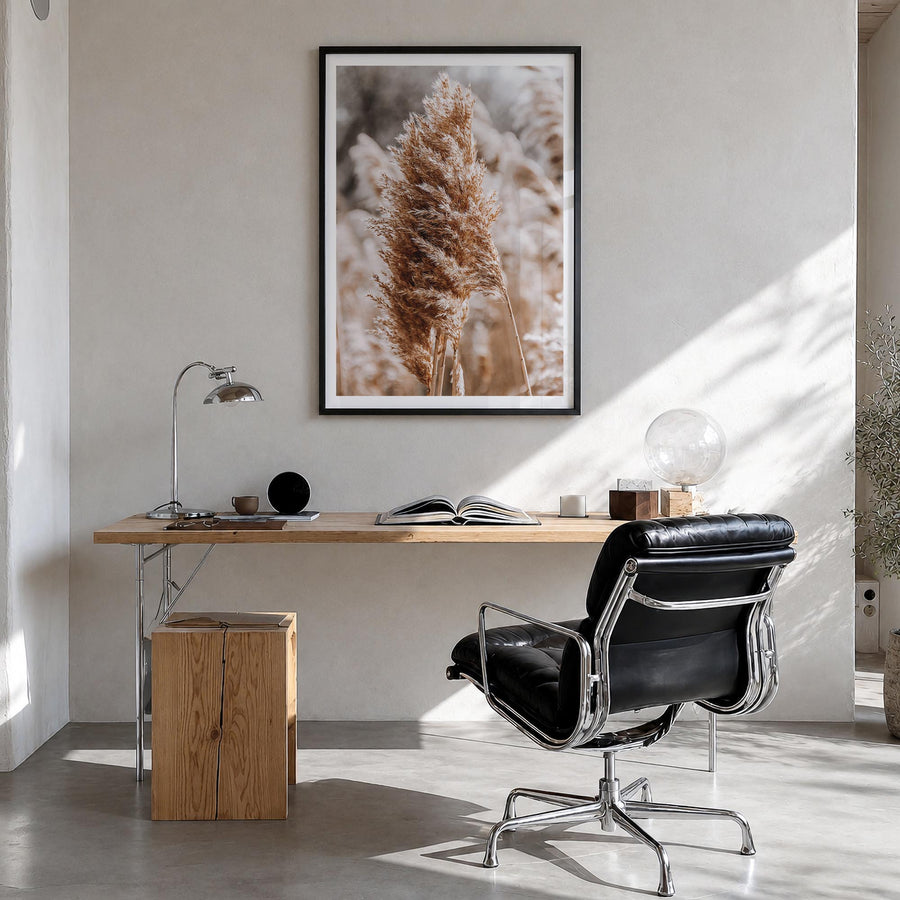 Pampas Grass no. 1 colorful photo poster – vertical wall art in black wood frame with white border, hanging on wall