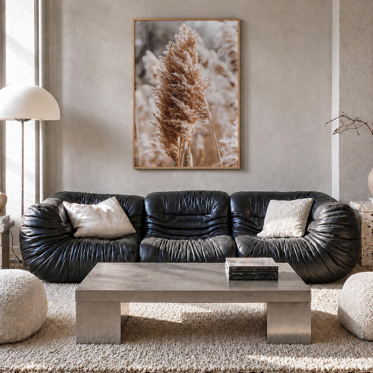 Pampas Grass no. 1 colorful photo poster – vertical wall art in natural wood frame, hanging on wall
