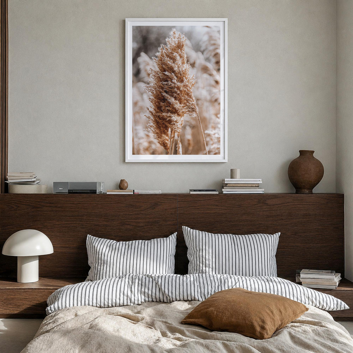 Pampas Grass no. 1 colorful photo poster – vertical wall art in white wood frame with white border, hanging on wall