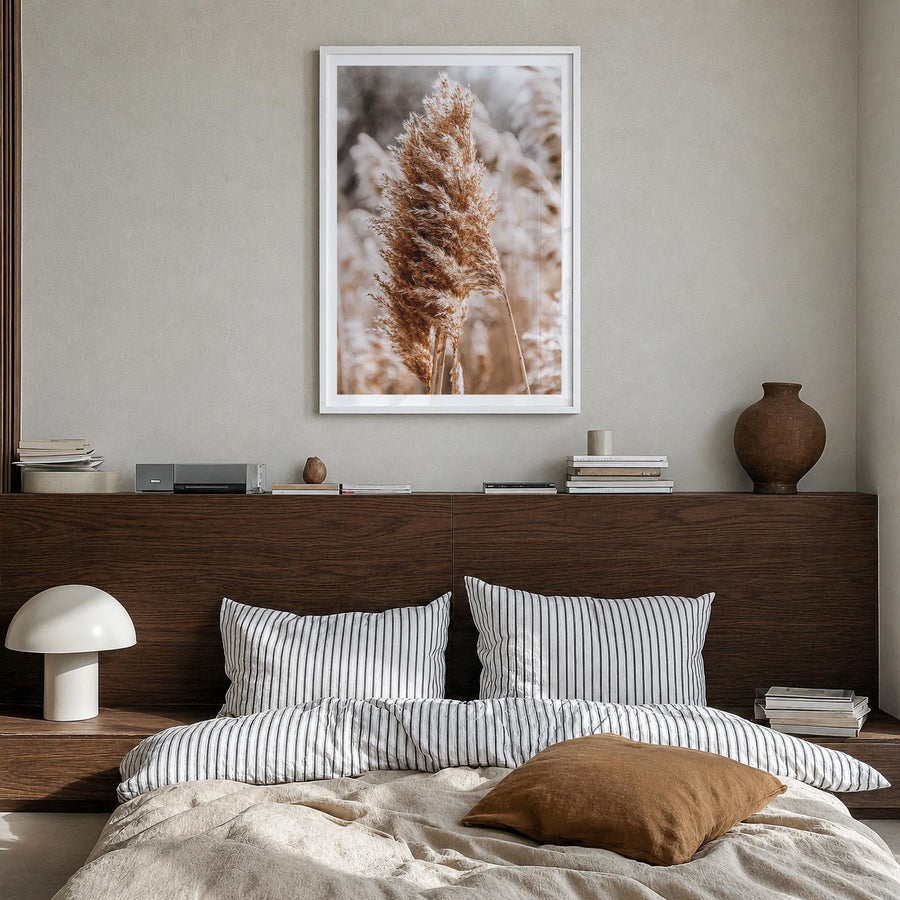 Pampas Grass no. 1 colorful photo poster – vertical wall art in white wood frame with white border, hanging on wall
