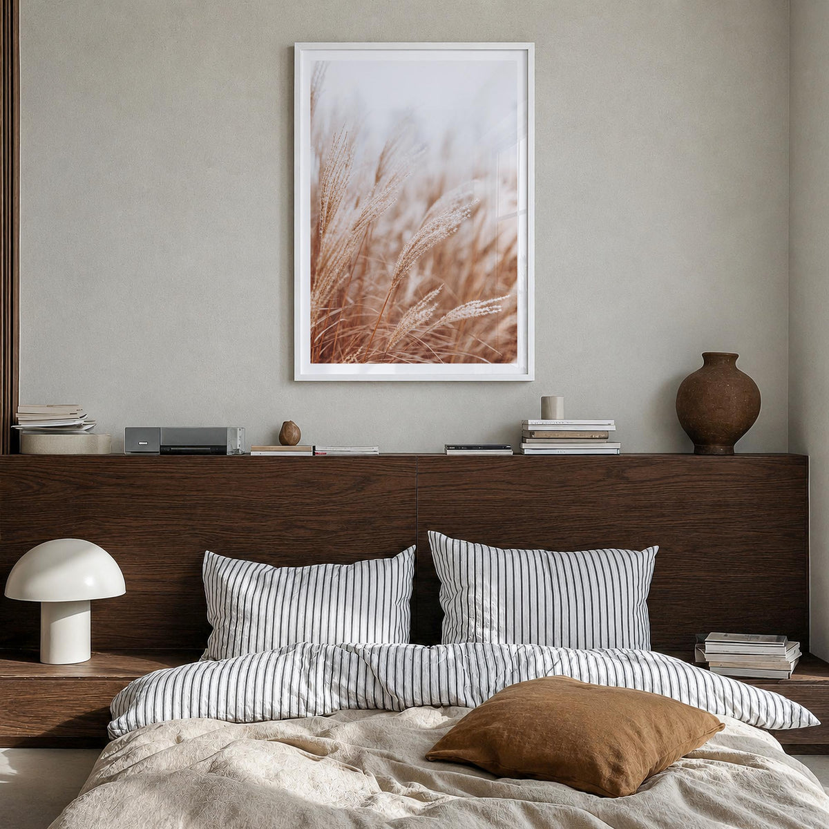 Pampas Grass no. 2 colorful photo poster – vertical wall art in white wood frame with white border, hanging on wall