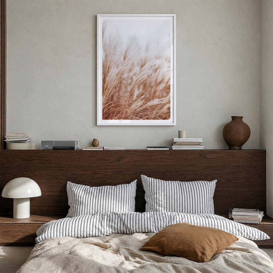 Pampas Grass no. 2 colorful photo poster – vertical wall art in white wood frame with white border, hanging on wall
