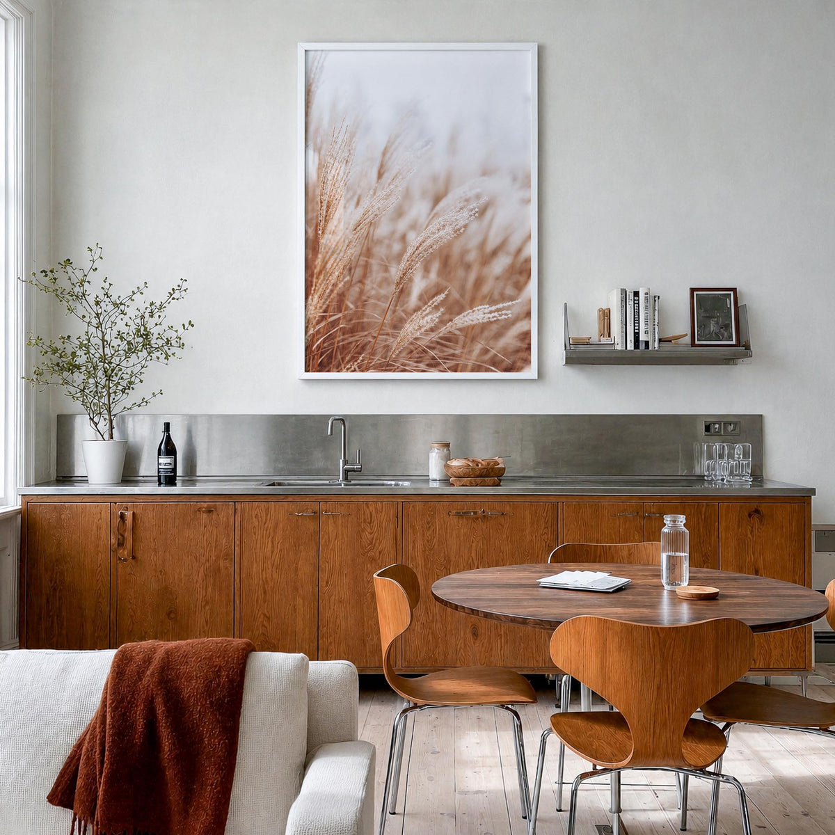 Pampas Grass no. 2 colorful photo poster – vertical wall art in white wood frame, hanging on wall