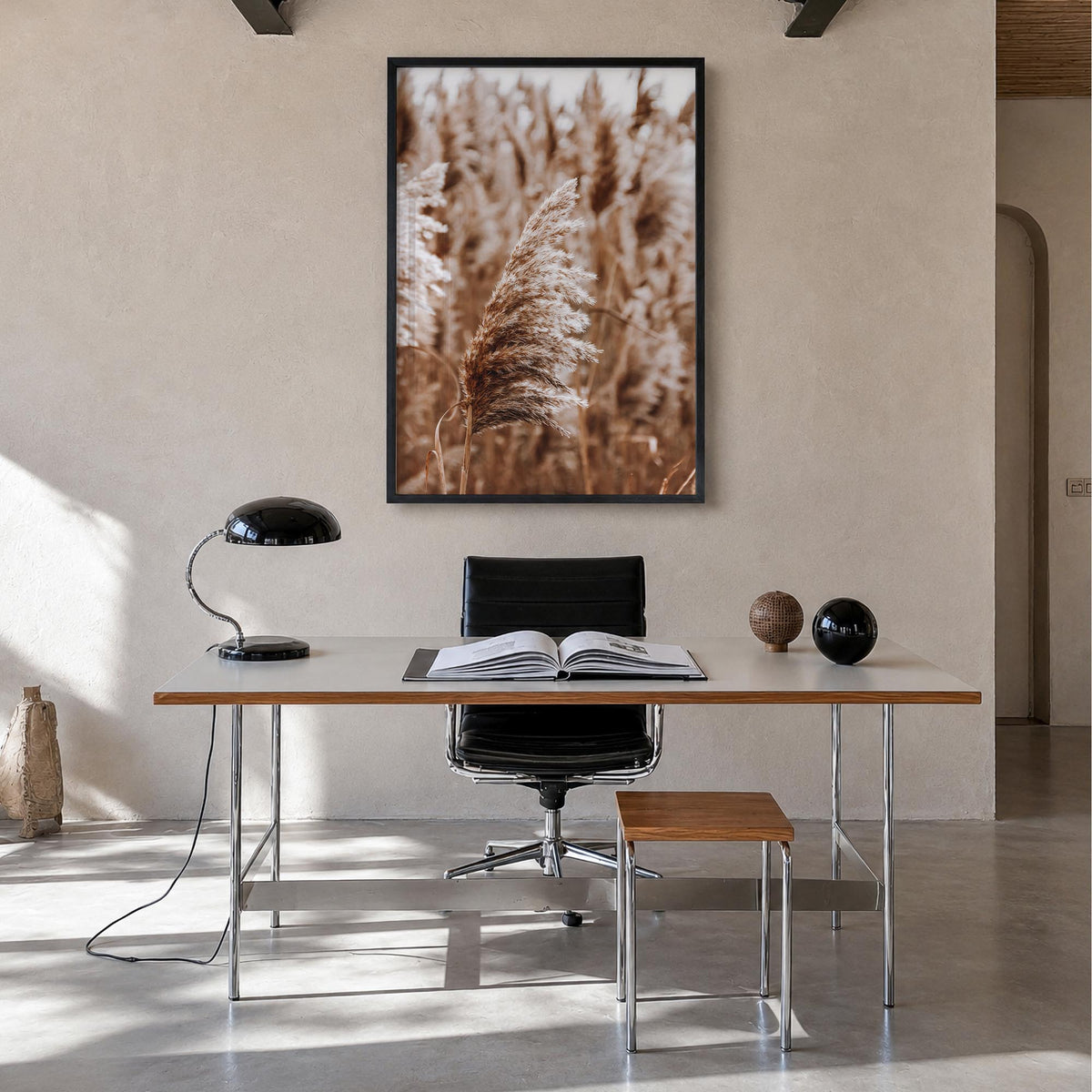 Pampas Grass no. 3 colorful photo poster – vertical wall art in black wood frame, hanging on wall