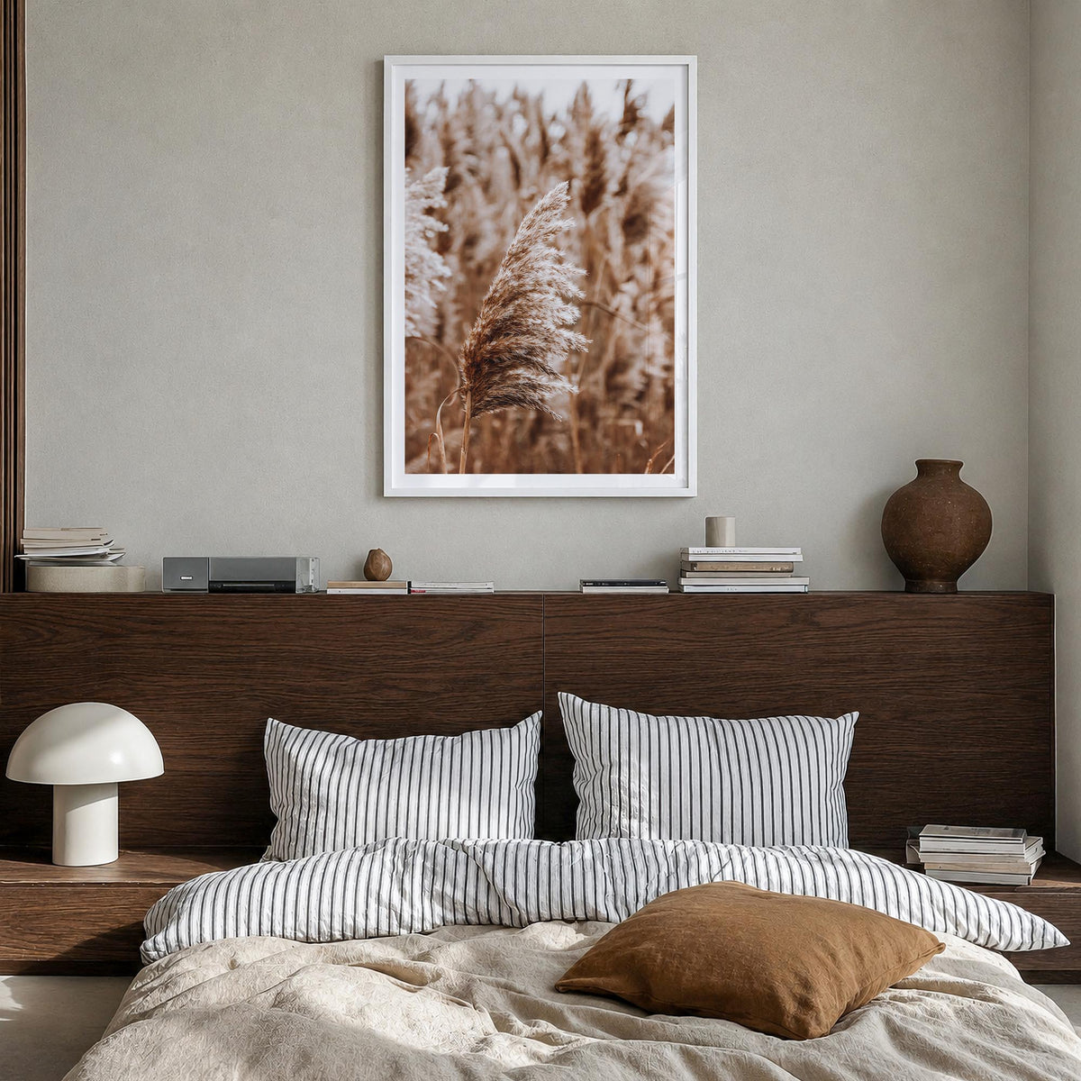 Pampas Grass no. 3 colorful photo poster – vertical wall art in white wood frame with white border, hanging on wall