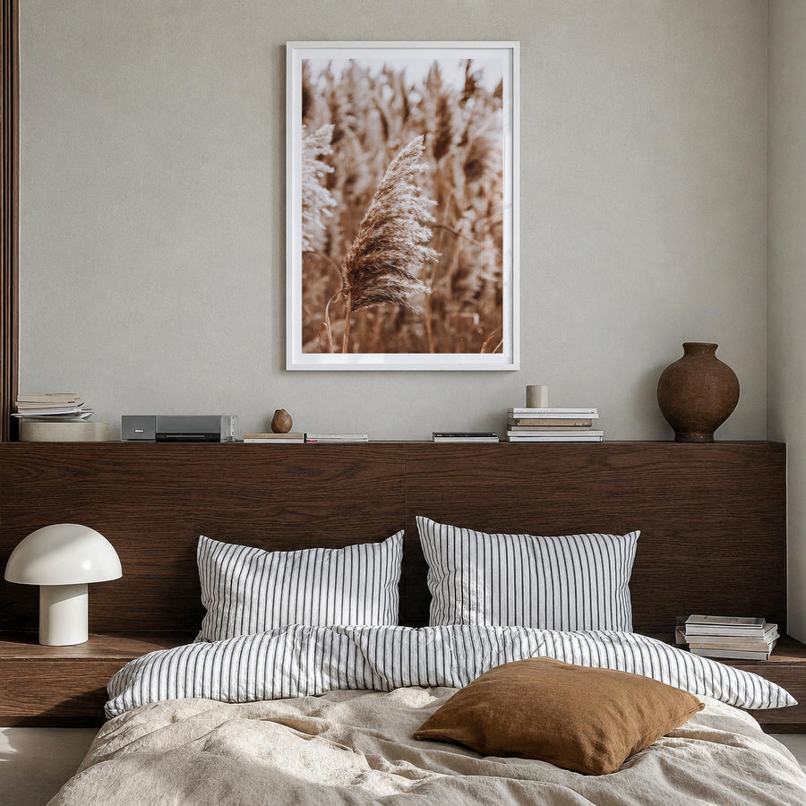 Pampas Grass no. 3 colorful photo poster – vertical wall art in white wood frame with white border, hanging on wall