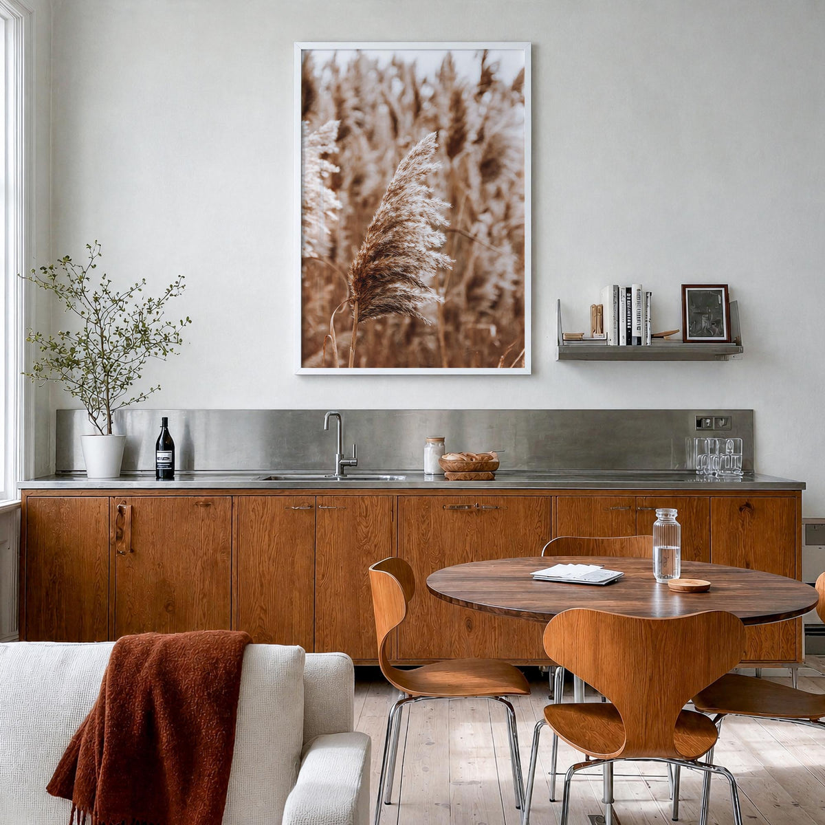 Pampas Grass no. 3 colorful photo poster – vertical wall art in white wood frame, hanging on wall