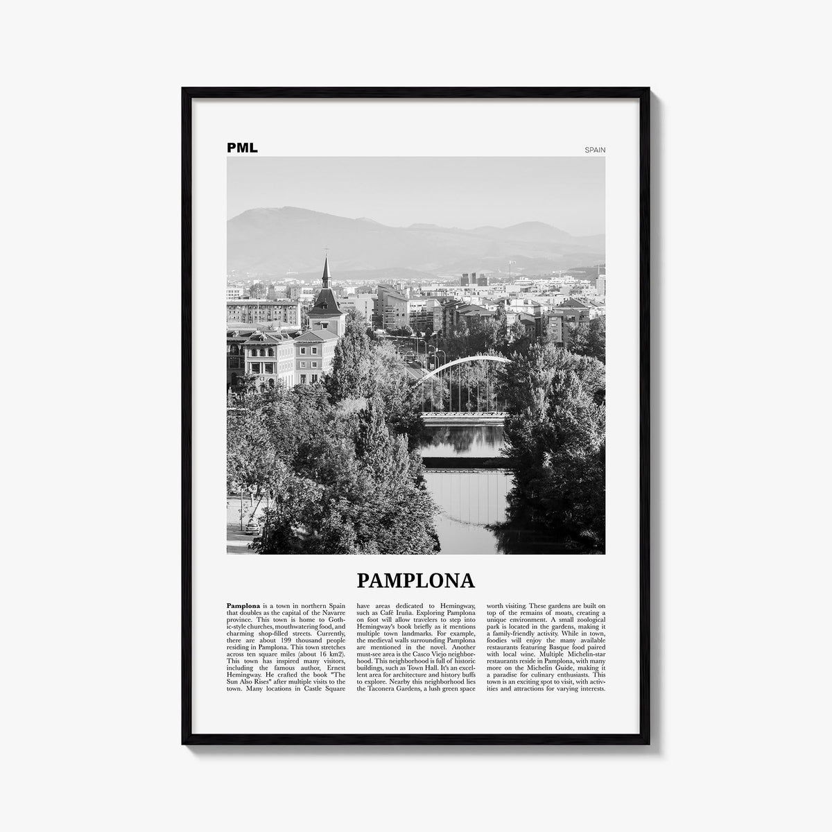 Pamplona black & white newspaper poster of Spain – vertical wall art, unframed print shown in interior mockup