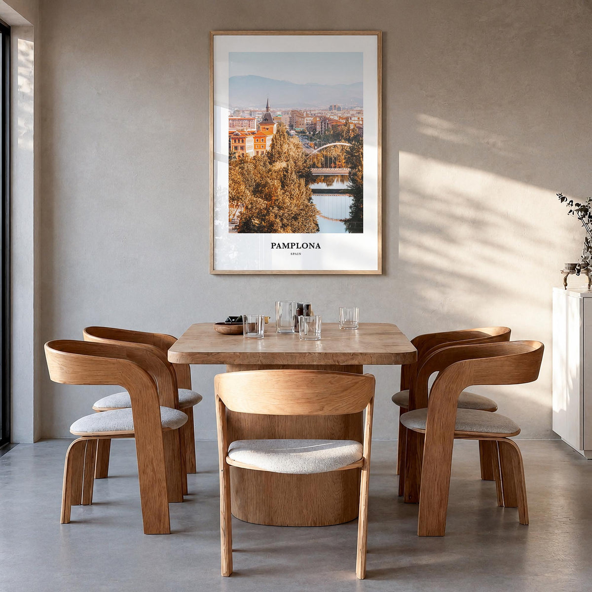 Pamplona colorful classic poster of Spain – vertical wall art in natural wood frame, hanging on wall