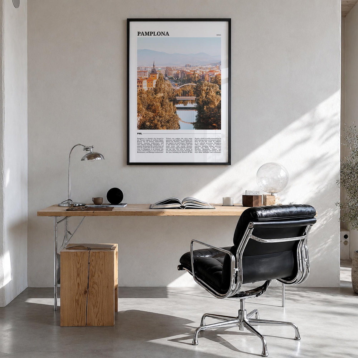 Pamplona colorful travel poster of Spain – vertical wall art in black wood frame, hanging on wall