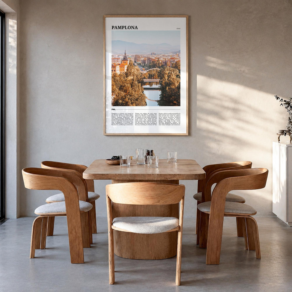 Pamplona colorful travel poster of Spain – vertical wall art in natural wood frame, hanging on wall