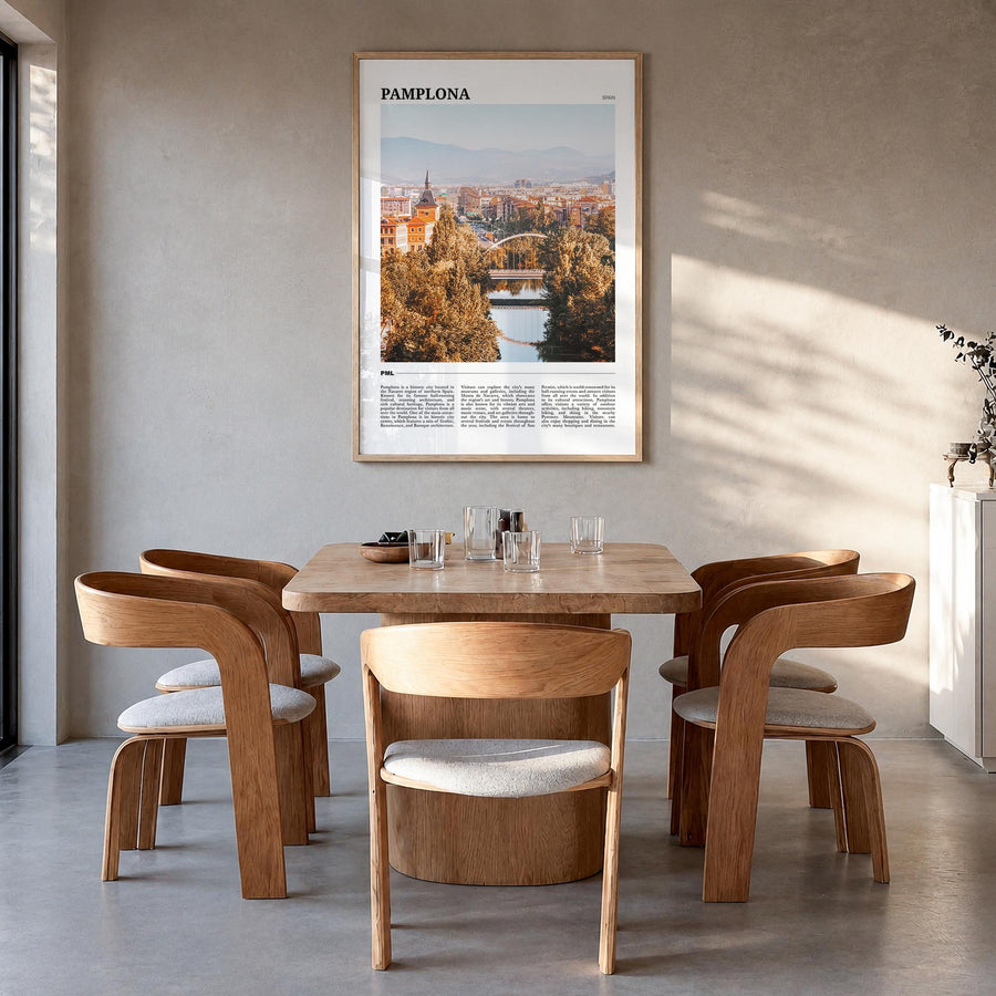 Pamplona colorful travel poster of Spain – vertical wall art in natural wood frame, hanging on wall