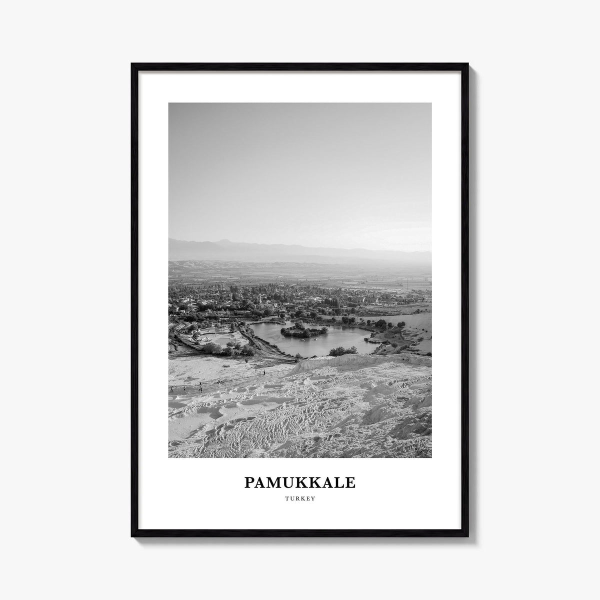 Pamukkale black & white classic poster of Türkiye – vertical wall art, unframed print shown in interior mockup