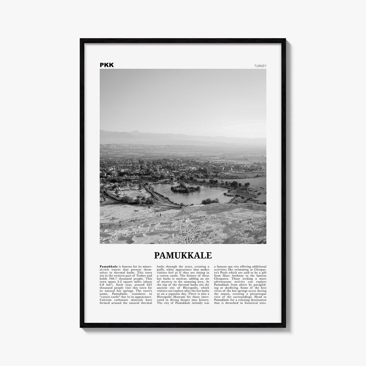 Pamukkale black & white newspaper poster of Türkiye – vertical wall art, unframed print shown in interior mockup