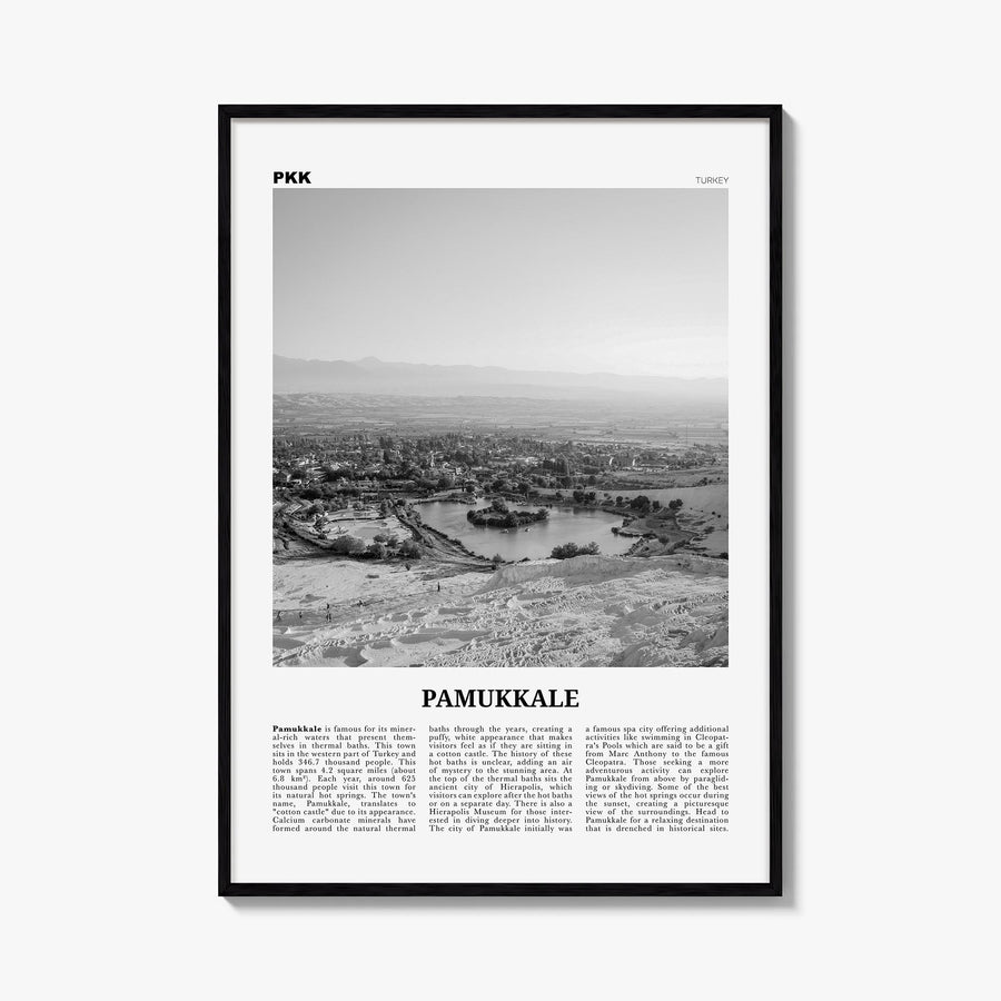 Pamukkale black & white newspaper poster of Türkiye – vertical wall art, unframed print shown in interior mockup