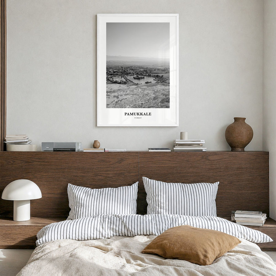 Pamukkale Classic Poster in a white wood frame, hanging in a bedroom