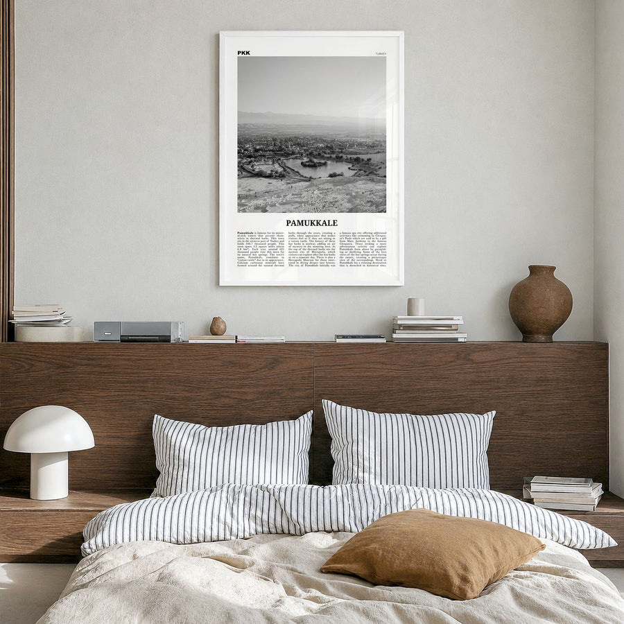 Pamukkale Newspaper Poster in a white wood frame, hanging in a bedroom