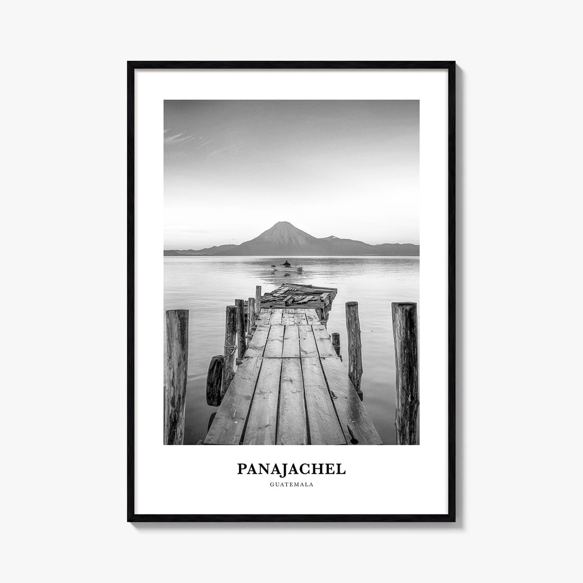 Panajachel black & white classic poster of Guatemala – vertical wall art, unframed print shown in interior mockup