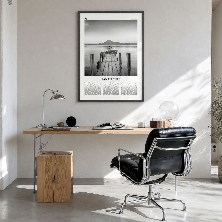 Panajachel Newspaper Poster in a black wood frame, hanging in a bright home office