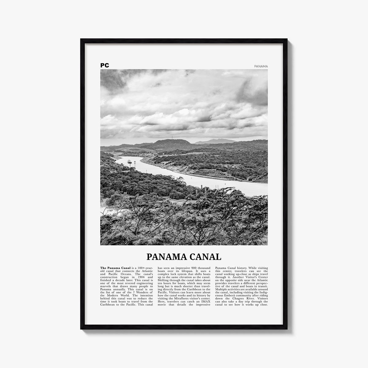 Panama Canal black & white newspaper poster of Panama – vertical wall art, unframed print shown in interior mockup