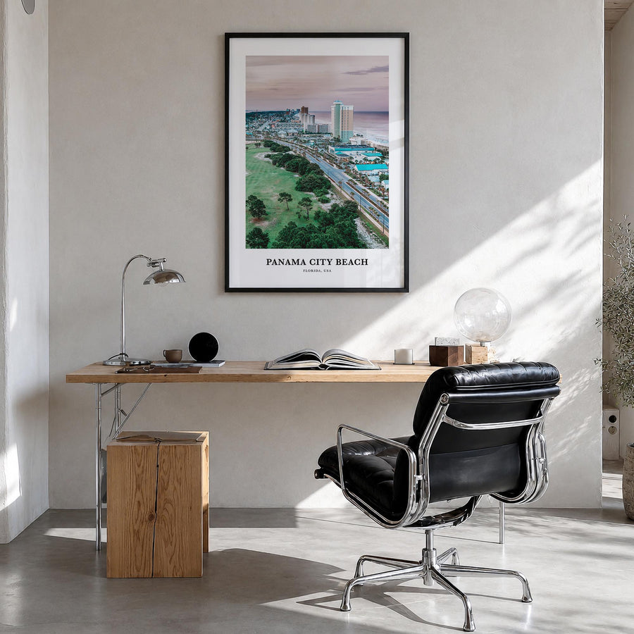 Panama City Beach, Florida colorful classic poster of Florida, USA – vertical wall art in black wood frame, hanging on wall