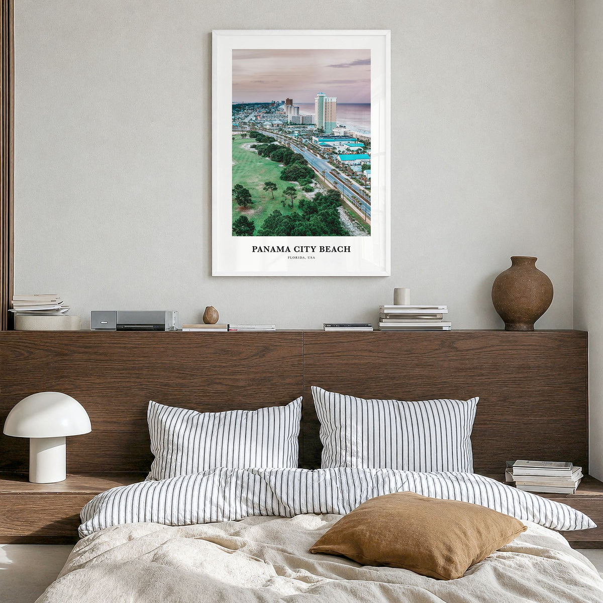 Panama City Beach, Florida Classic Poster in a white wood frame, hanging in a bedroom