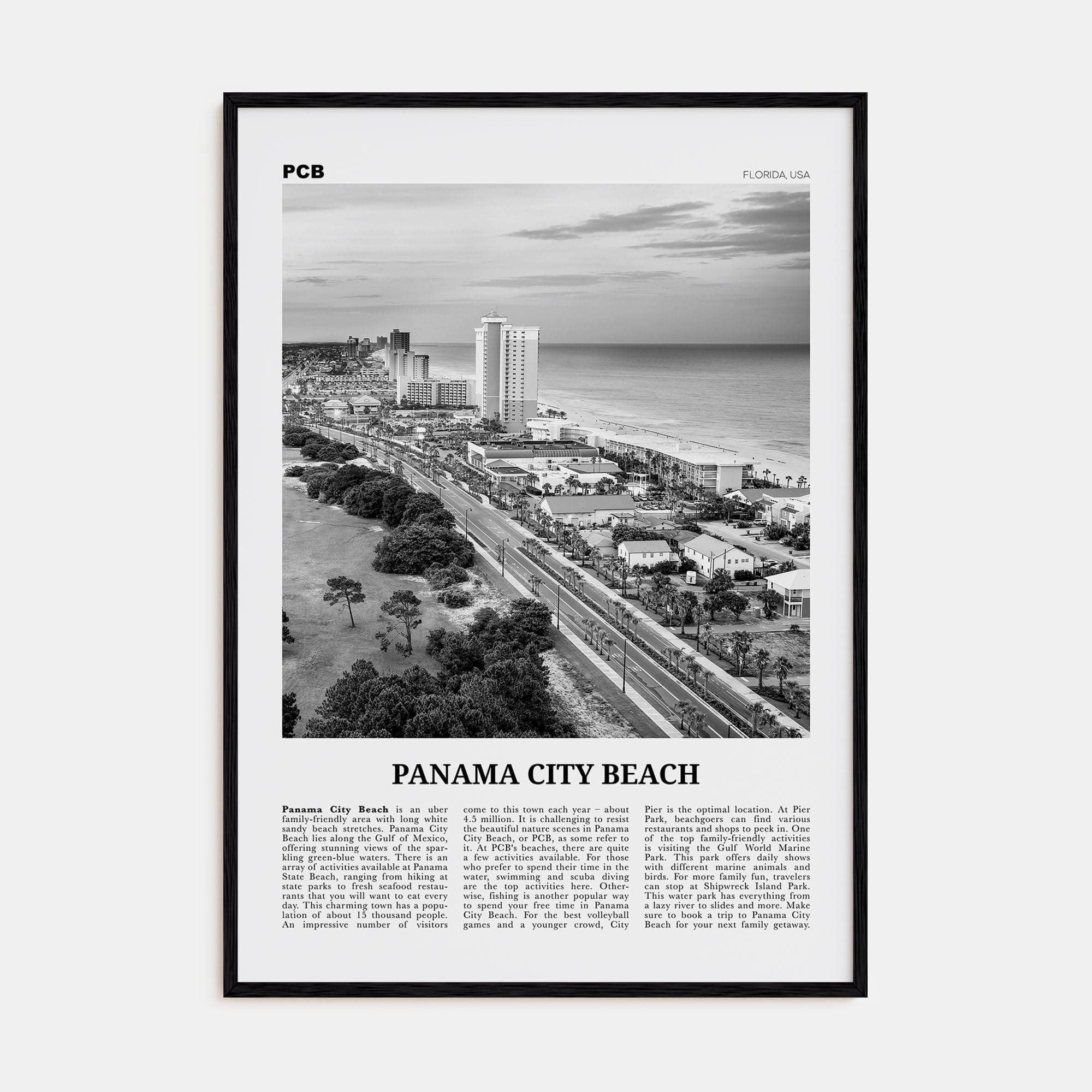 Panama City Beach, Florida Poster Black Wood / 8x12 in Nbourhood Travel B&W Poster